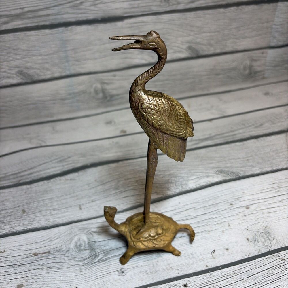 Vintage EXQUISITELY HAND CARVED Solid Brass Crane Standing On Turtle Figurine 8”